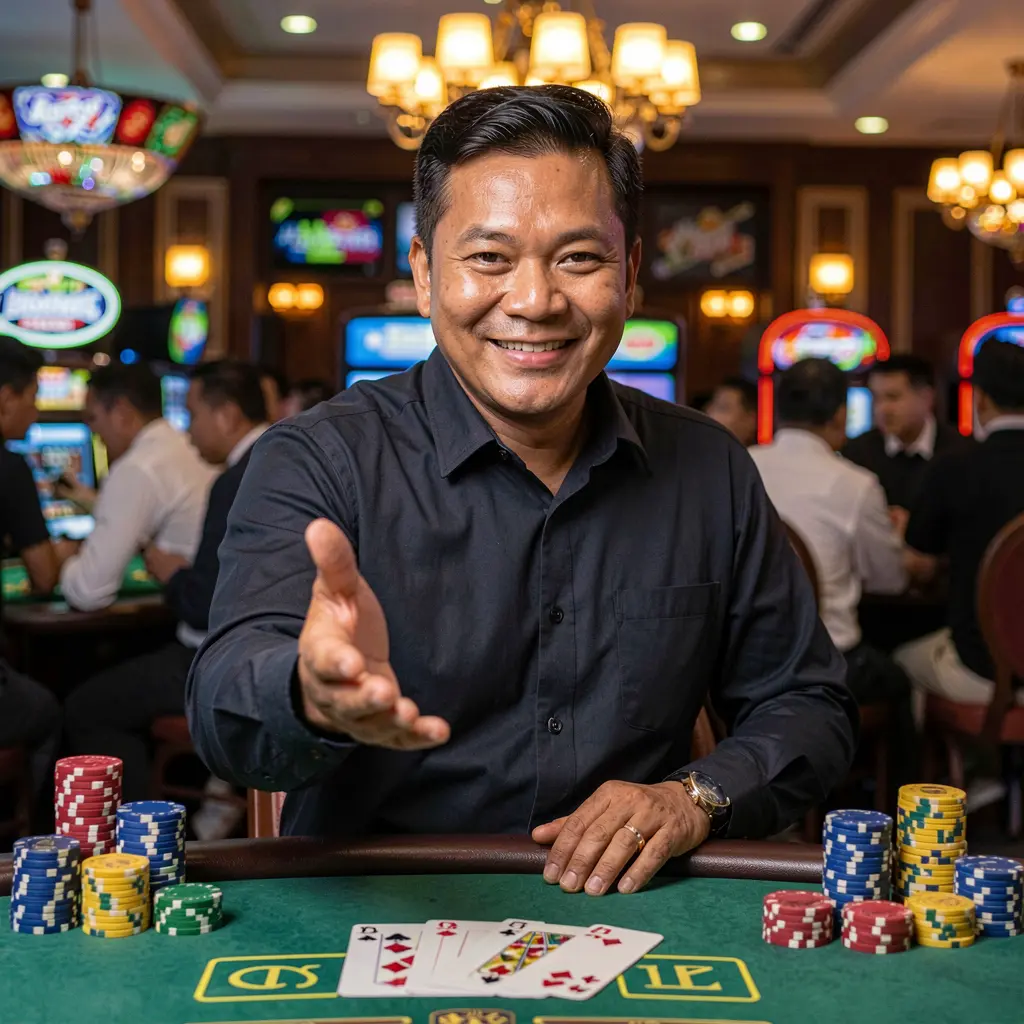 JL66 Login – Fast and secure access to your gaming account in the Philippines Professional Filipino casino dealer from JL66 with a welcoming smile and extended hand surrounded by dynamic poker chips and casino lights